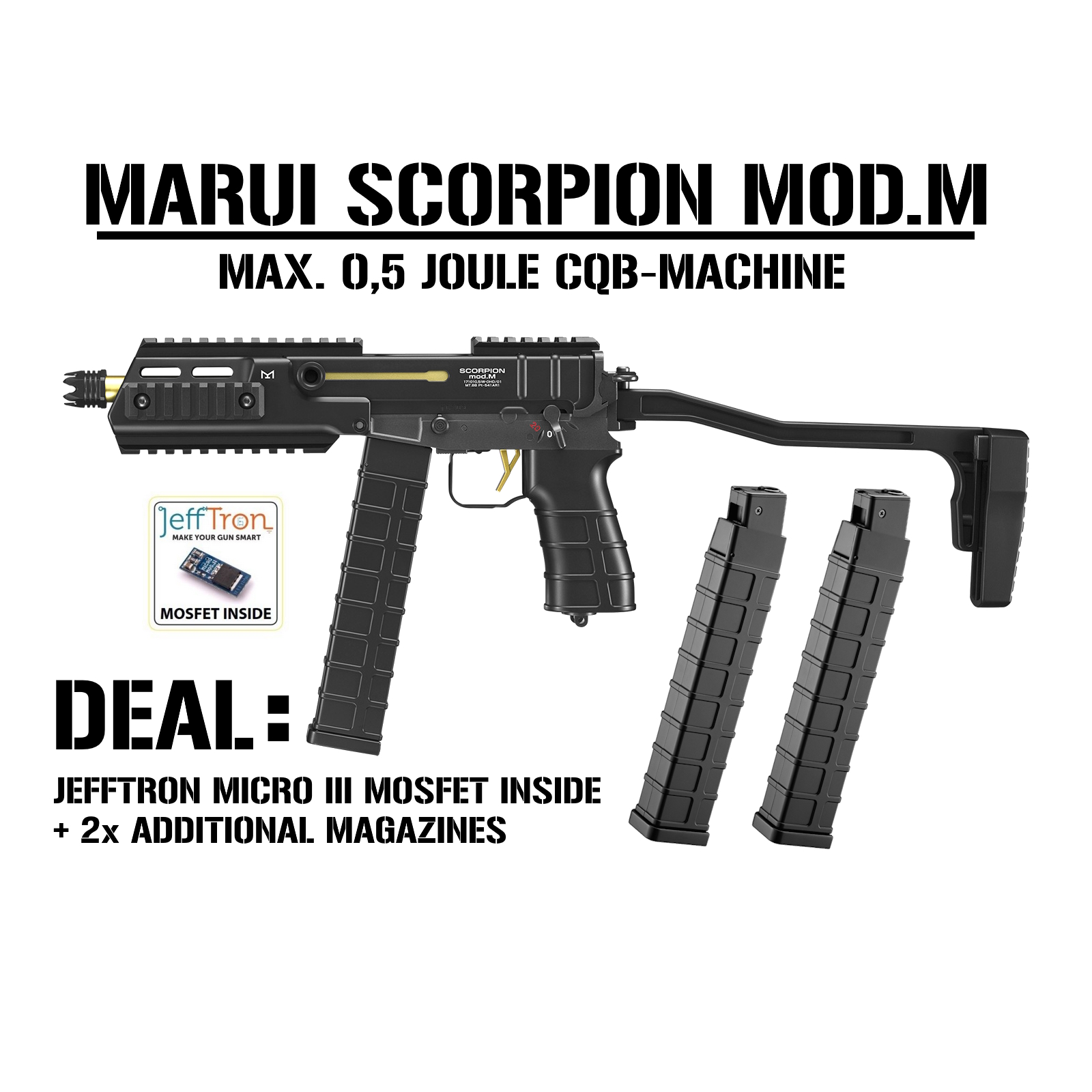 SET: Tokyo Marui "Mod.M" Scorpion max. 0,5J AEP-MP mit Magazinen, Mosfetmod und Akku