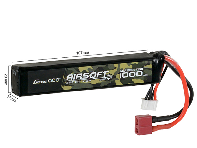 Gens Ace 25C 1000mAh 3S1P 11.1V Airsoft LiPo Battery T-Plug